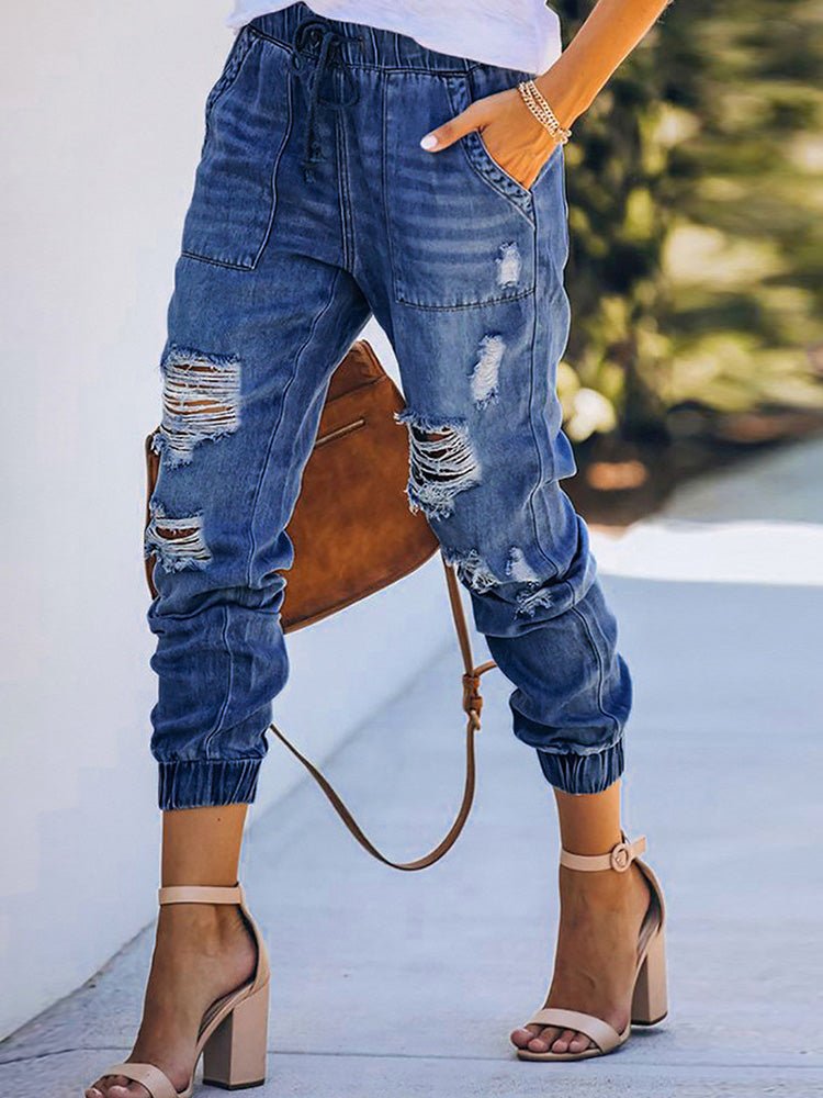 Women's Jeans Elastic Waist Drawstring Ripped Harem Jeans - Jeans - Instastyled | Online Fashion Free Shipping Clothing, Dresses, Tops, Shoes - 17/02/2022 - 30-40 - Bottoms