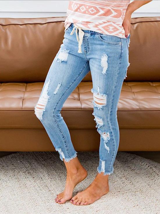 Women's Jeans High-Rise Ripped Elastic Waist Jeans - Jeans - Instastyled | Online Fashion Free Shipping Clothing, Dresses, Tops, Shoes - 14/12/2021 - 30-40 - Bottoms