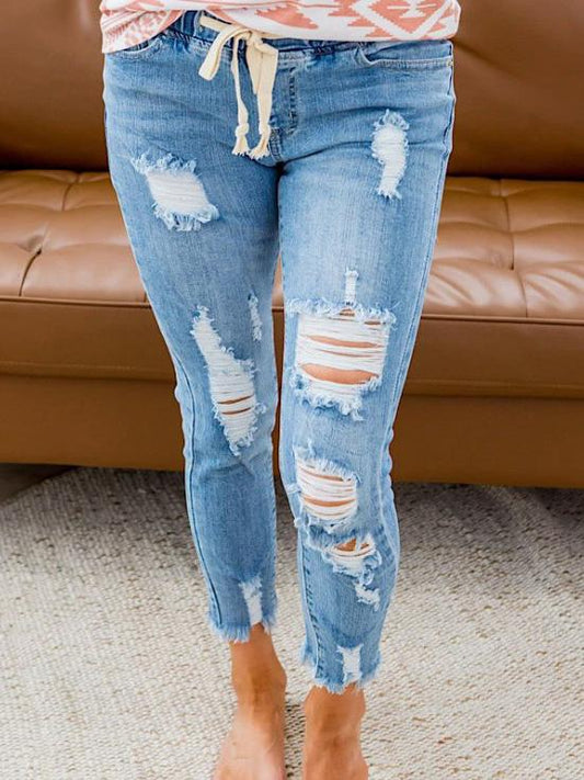 Women's Jeans High-Rise Ripped Elastic Waist Jeans - Jeans - Instastyled | Online Fashion Free Shipping Clothing, Dresses, Tops, Shoes - 14/12/2021 - 30-40 - Bottoms