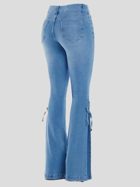 Women's Jeans Mid-Waist Pocket Lace-Up Stretch Flared Jeans
