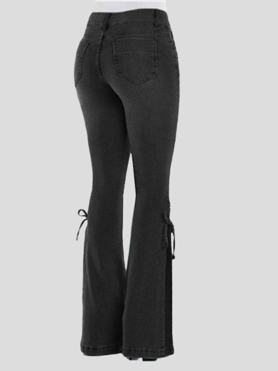 Women's Jeans Mid-Waist Pocket Lace-Up Stretch Flared Jeans