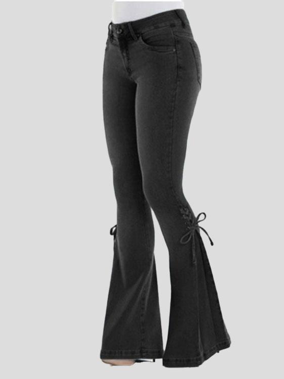Women's Jeans Mid-Waist Pocket Lace-Up Stretch Flared Jeans