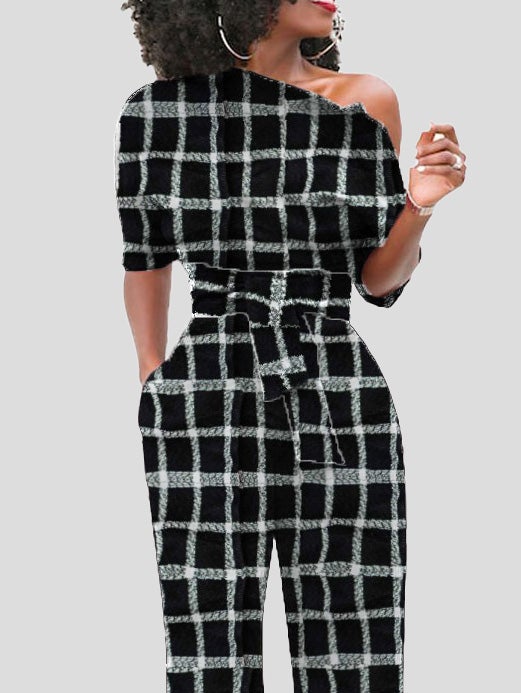 Women's Jumpsuits Check Print One Shoulder Belted Jumpsuit - Jumpsuits & Rompers - Instastyled | Online Fashion Free Shipping Clothing, Dresses, Tops, Shoes - 08/12/2021 - 30-40 - Bottoms
