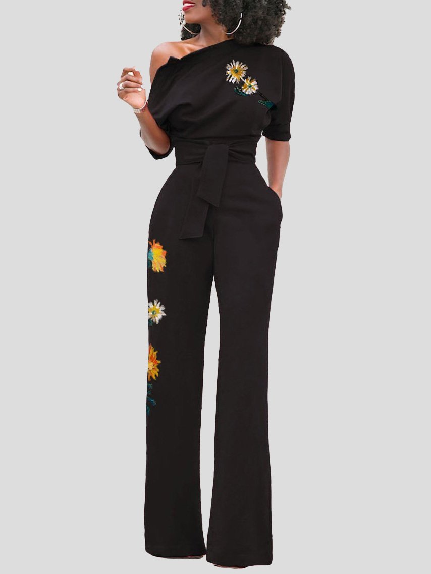 Women's Jumpsuits Flower Print One Shoulder Belted Jumpsuit - Jumpsuits & Rompers - Instastyled | Online Fashion Free Shipping Clothing, Dresses, Tops, Shoes - 08/12/2021 - 30-40 - Bottoms