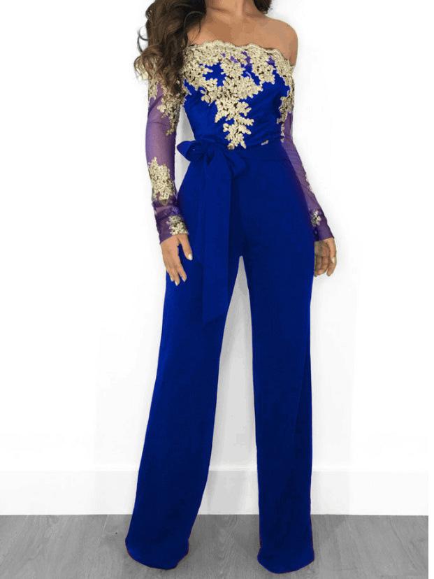 Women's Jumpsuits Lace Boat Neck Long Sleeve Wide Leg Jumpsuit - Jumpsuits & Rompers - Instastyled | Online Fashion Free Shipping Clothing, Dresses, Tops, Shoes - 07/12/2021 - 40-50 - Bottoms