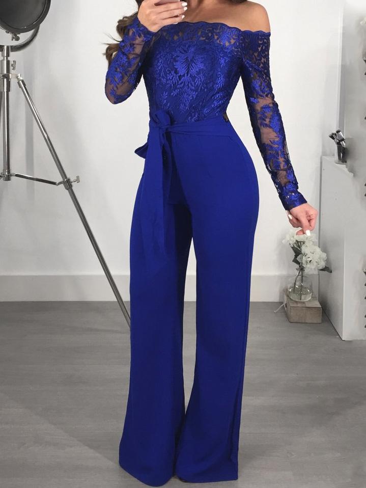 Women's Jumpsuits Lace Boat Neck Long Sleeve Wide Leg Jumpsuit - Jumpsuits & Rompers - Instastyled | Online Fashion Free Shipping Clothing, Dresses, Tops, Shoes - 07/12/2021 - 40-50 - Bottoms