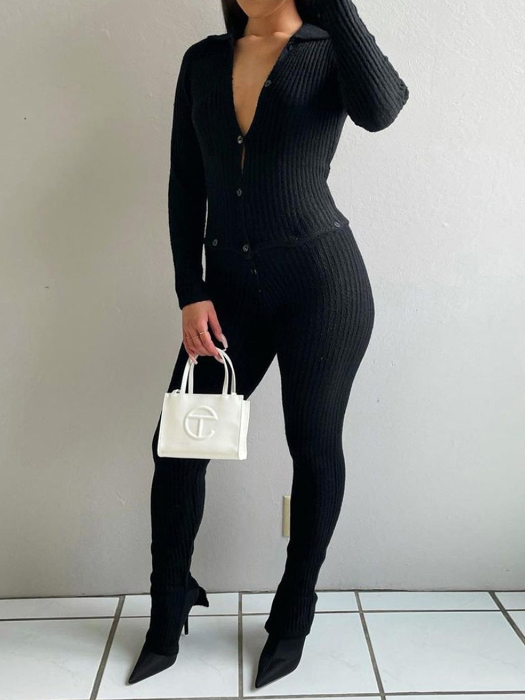 Women's Jumpsuits Long Sleeve Button Hollow Knit Jumpsuit - Jumpsuits & Rompers - Instastyled | Online Fashion Free Shipping Clothing, Dresses, Tops, Shoes - 12/01/2022 - Bottoms - color-black
