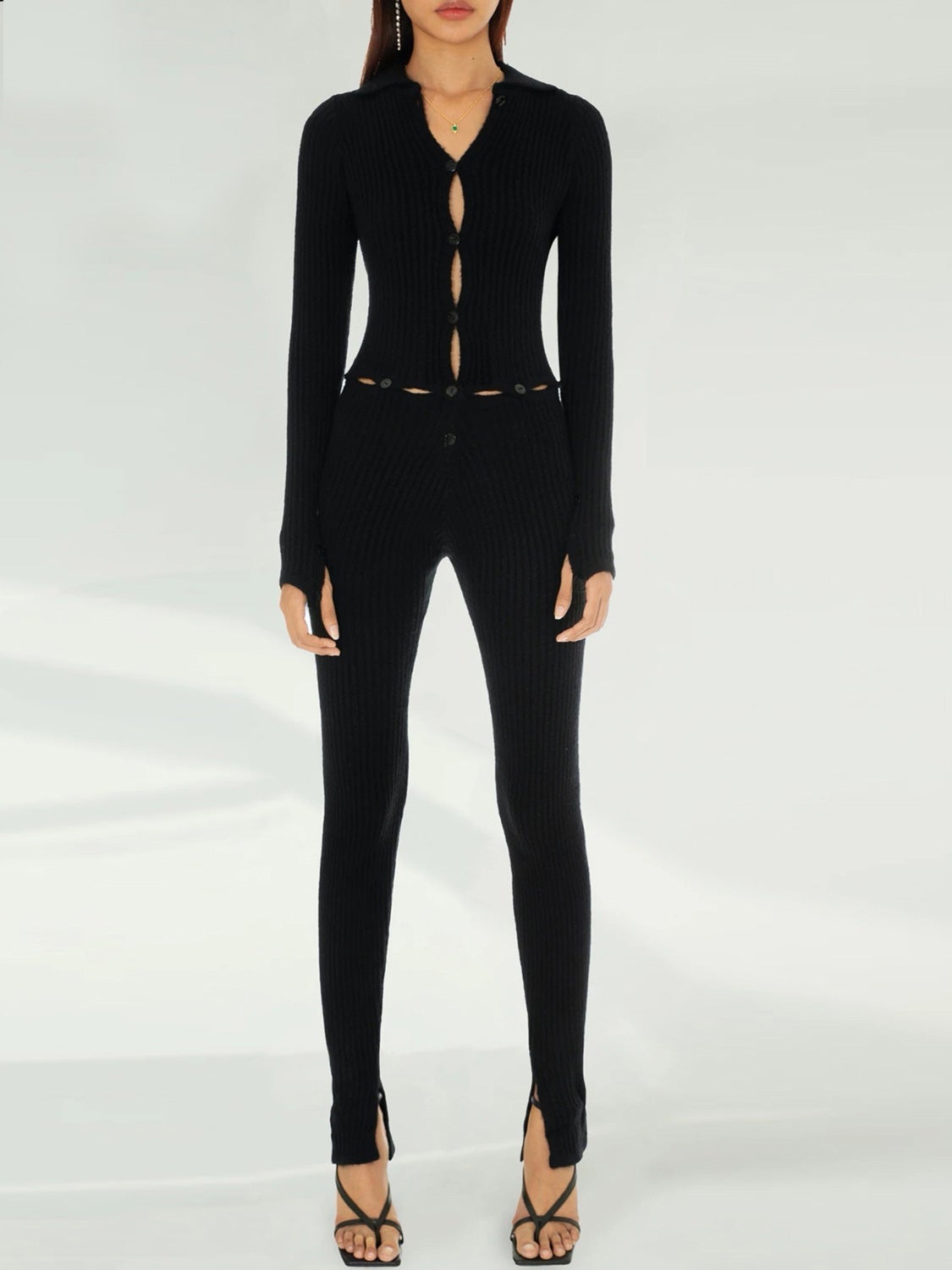 Women's Jumpsuits Long Sleeve Button Hollow Knit Jumpsuit - Jumpsuits & Rompers - Instastyled | Online Fashion Free Shipping Clothing, Dresses, Tops, Shoes - 12/01/2022 - Bottoms - color-black