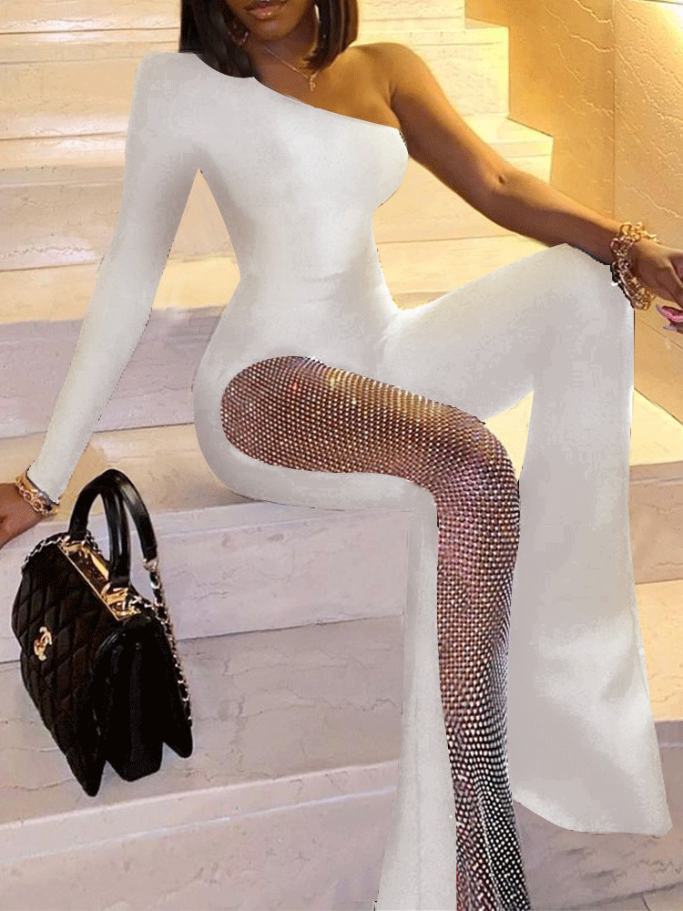 Women's Jumpsuits One-Shoulder Long Sleeve Sequin Stitching Jumpsuit - Jumpsuits & Rompers - INS | Online Fashion Free Shipping Clothing, Dresses, Tops, Shoes - 02/11/2021 - 30-40 - Bottoms