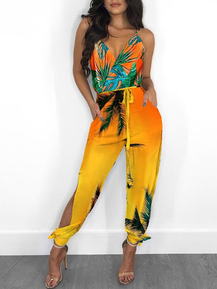 Women's Jumpsuits Printed Sling V-Neck Pocket Slit Jumpsuit - Jumpsuits & Rompers - Instastyled | Online Fashion Free Shipping Clothing, Dresses, Tops, Shoes - 18/01/2022 - 20-30 - Bottoms