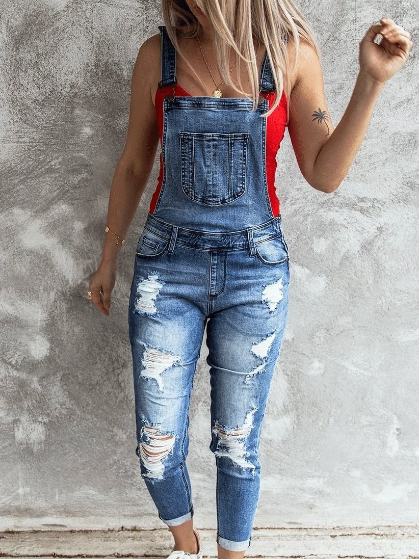 Women's Jumpsuits Retro Ripped Elastic Denim Suspenders Jumpsuit - Jumpsuits & Rompers - INS | Online Fashion Free Shipping Clothing, Dresses, Tops, Shoes - 03/09/2021 - 40-50 - Bottom