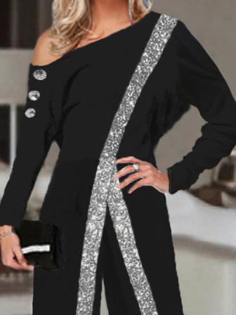 Women's Jumpsuits Sequin Paneling Slanted Shoulder Long Sleeve Wide Leg Jumpsuit - Jumpsuits & Rompers - Instastyled | Online Fashion Free Shipping Clothing, Dresses, Tops, Shoes - 14/12/2021 - 30-40 - Bottoms