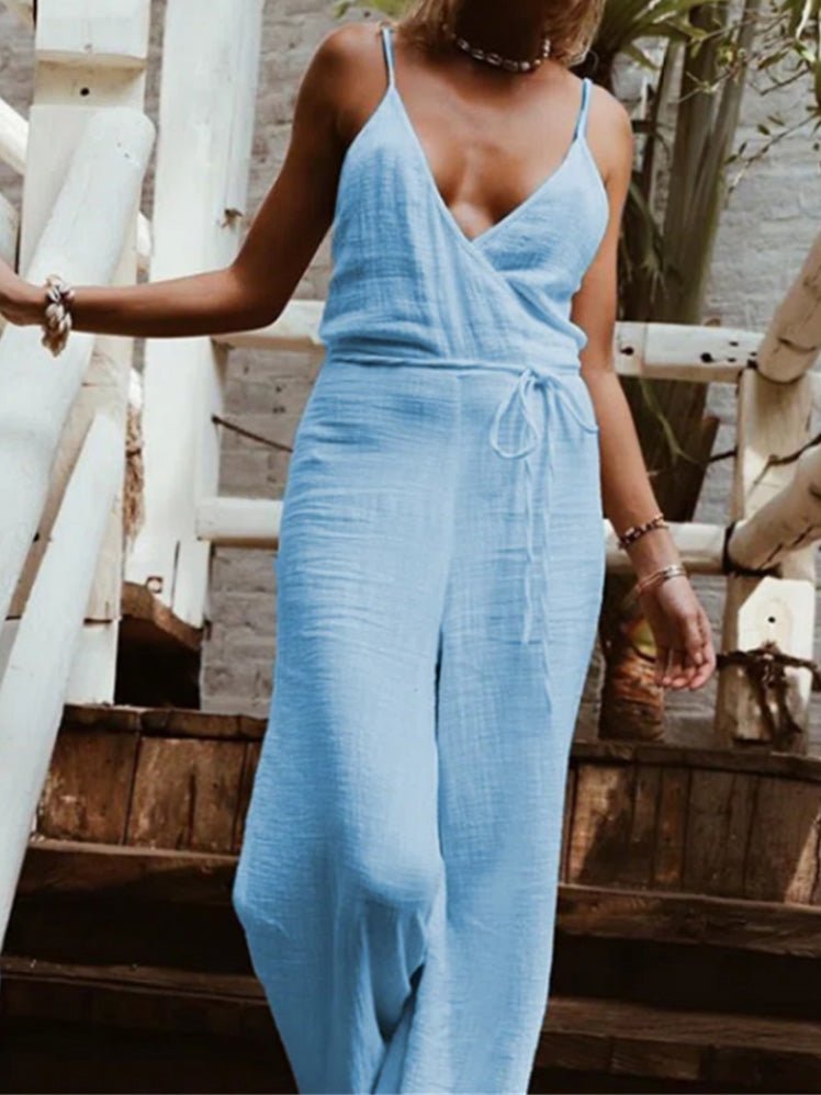 Women's Jumpsuits Sling V-Neck Belted Wide-Leg Jumpsuit - Jumpsuits - Instastyled | Online Fashion Free Shipping Clothing, Dresses, Tops, Shoes - 23/02/2022 - Bottoms - color-blue