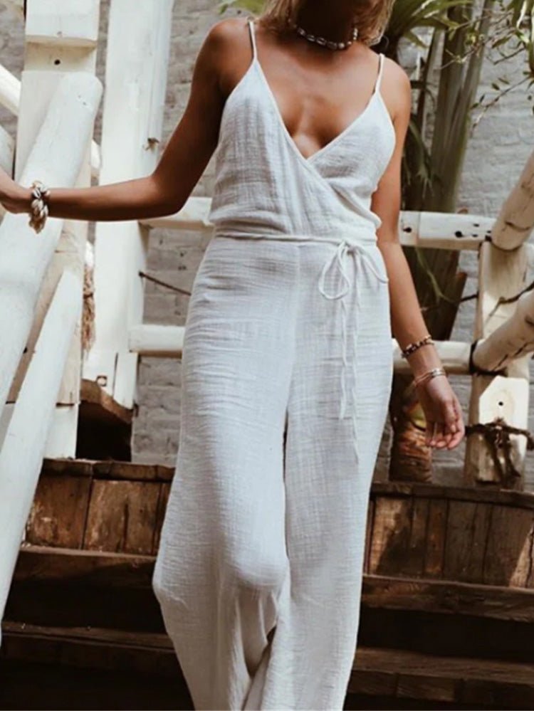 Women's Jumpsuits Sling V-Neck Belted Wide-Leg Jumpsuit - Jumpsuits - Instastyled | Online Fashion Free Shipping Clothing, Dresses, Tops, Shoes - 23/02/2022 - Bottoms - color-blue