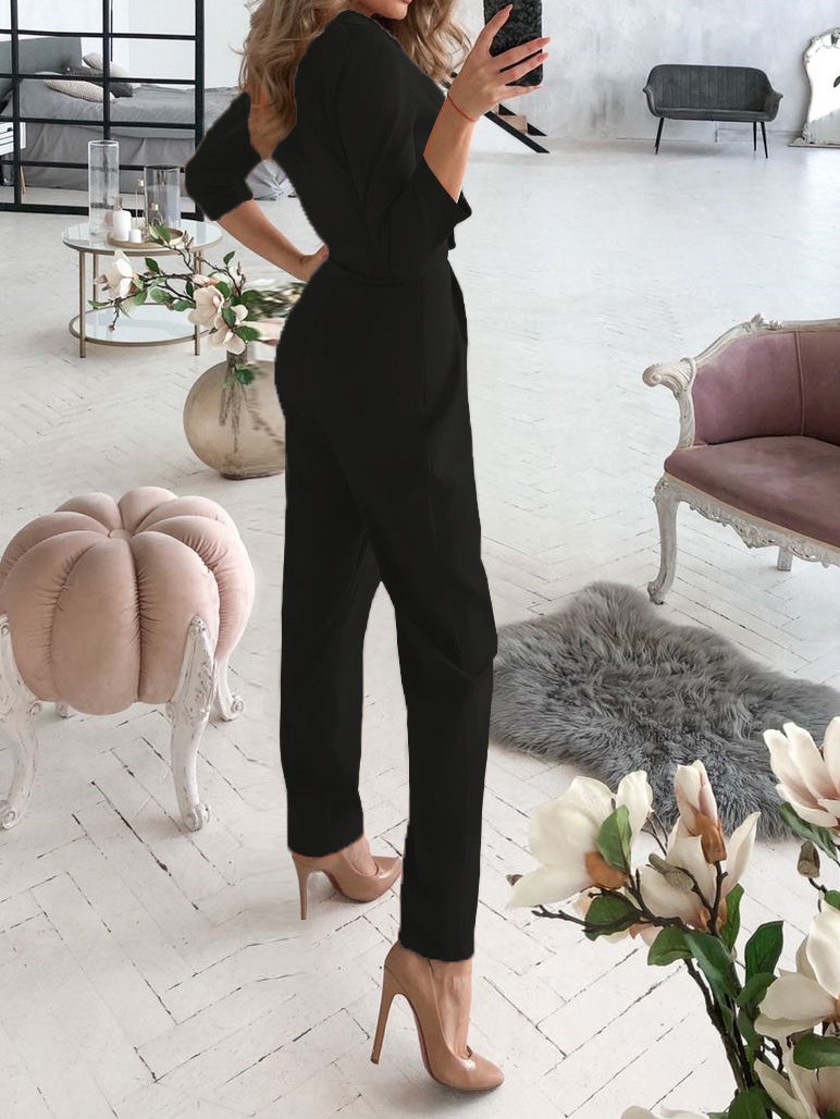 Women's Jumpsuits V-Neck Button Long Sleeve Jumpsuit - Jumpsuits & Rompers - Instastyled | Online Fashion Free Shipping Clothing, Dresses, Tops, Shoes - 11/01/2022 - Bottoms - color-black