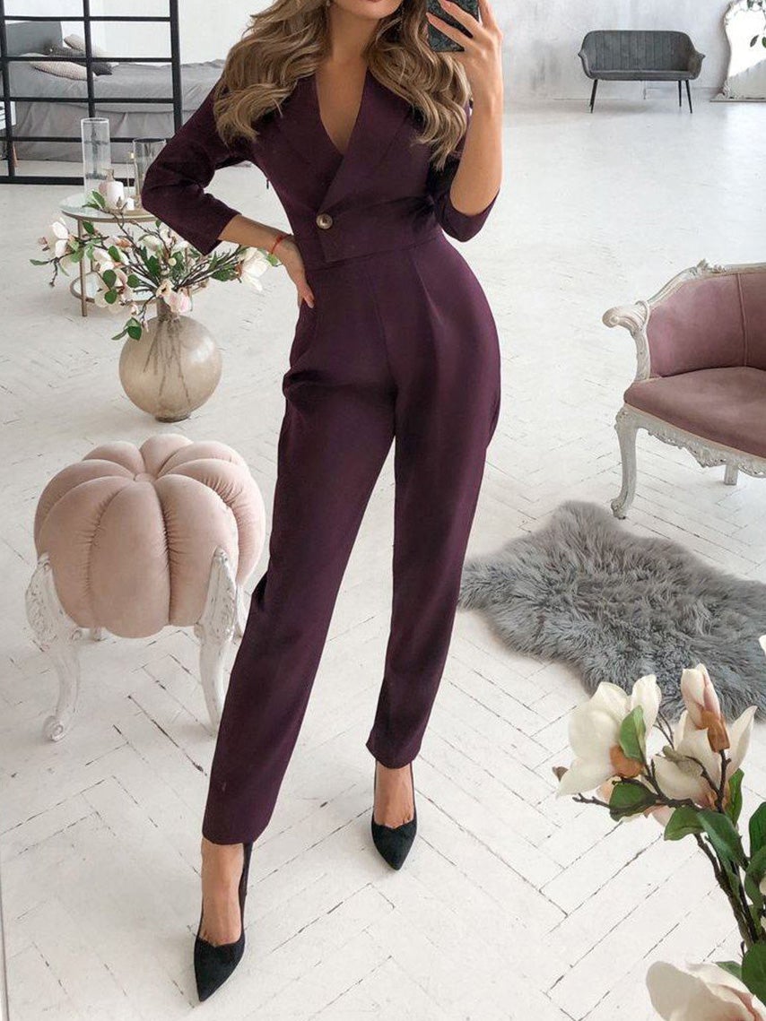 Women's Jumpsuits V-Neck Button Long Sleeve Jumpsuit - Jumpsuits & Rompers - Instastyled | Online Fashion Free Shipping Clothing, Dresses, Tops, Shoes - 11/01/2022 - Bottoms - color-black