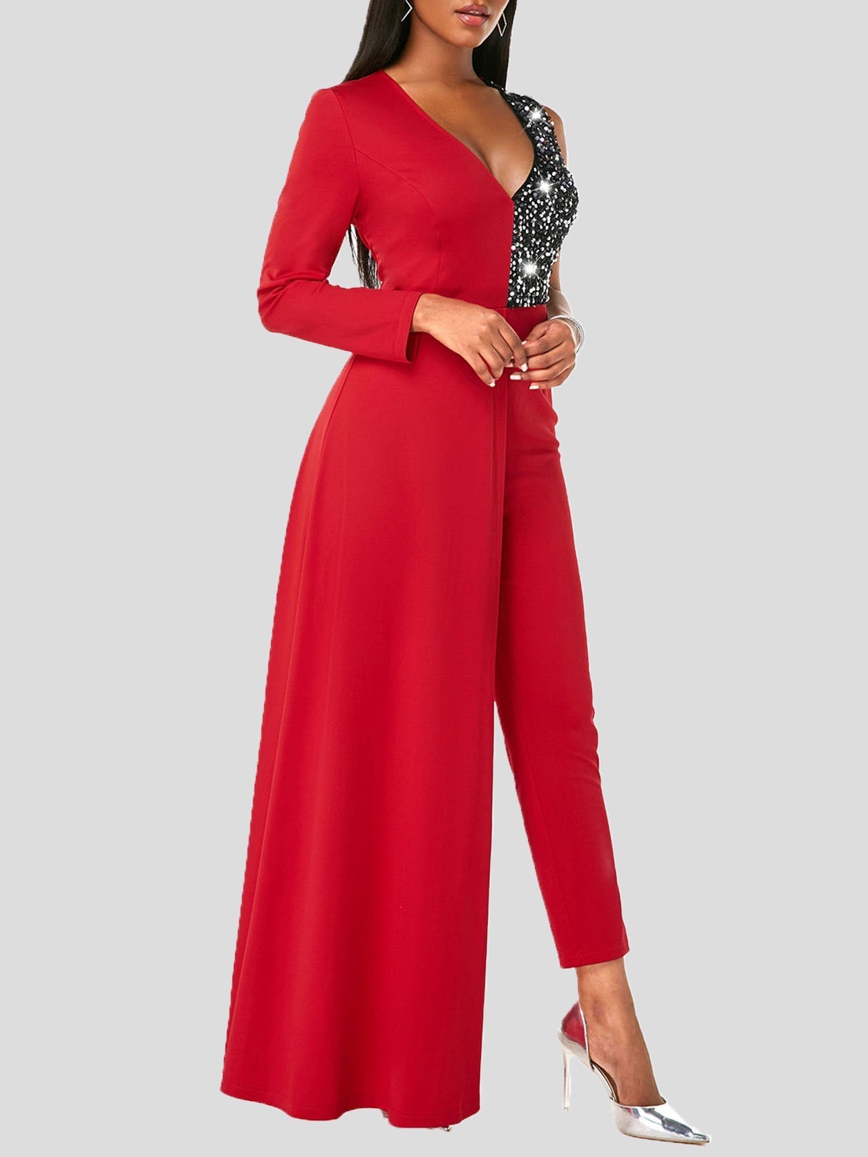 Women's Jumpsuits V-Neck One-Shoulder Sequin Stitching Slim-Fit Jumpsuit - Jumpsuits & Rompers - Instastyled | Online Fashion Free Shipping Clothing, Dresses, Tops, Shoes - 28/12/2021 - Bottoms - color-black