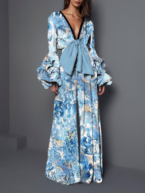 Women's Jumpsuits V-Neck Printed Lace-Up Long Sleeve Jumpsuit - Jumpsuits & Rompers - INS | Online Fashion Free Shipping Clothing, Dresses, Tops, Shoes - 19/08/2021 - Bottom - color-blue