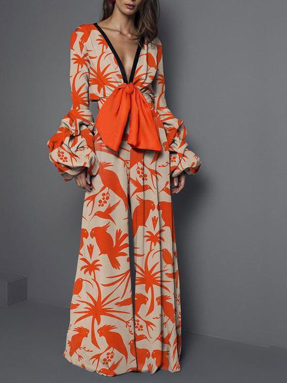 Women's Jumpsuits V-Neck Printed Lace-Up Long Sleeve Jumpsuit - Jumpsuits & Rompers - INS | Online Fashion Free Shipping Clothing, Dresses, Tops, Shoes - 19/08/2021 - Bottom - color-blue