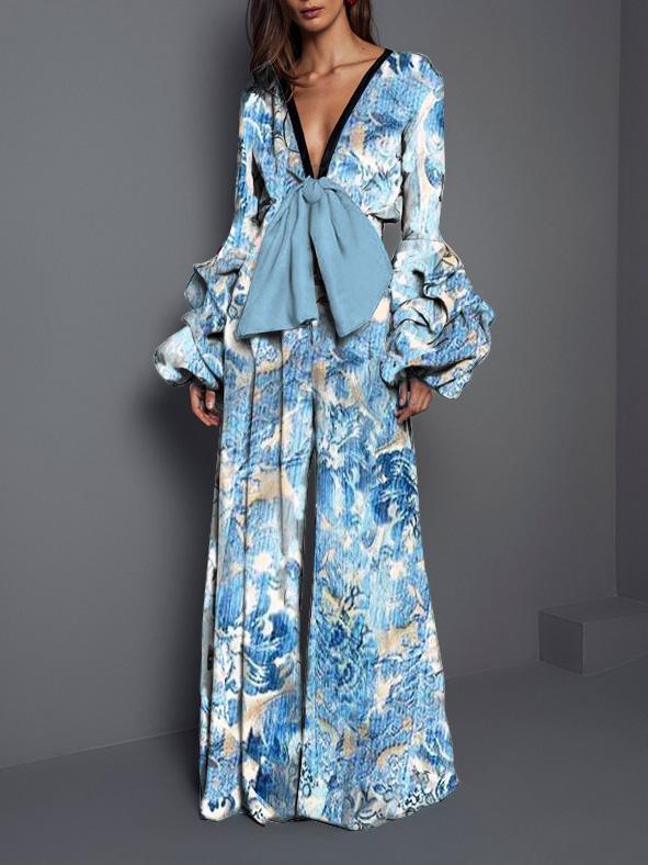 Women's Jumpsuits V-Neck Printed Lace-Up Long Sleeve Jumpsuit - Jumpsuits & Rompers - INS | Online Fashion Free Shipping Clothing, Dresses, Tops, Shoes - 19/08/2021 - Bottom - color-blue