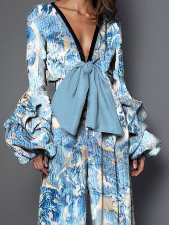 Women's Jumpsuits V-Neck Printed Lace-Up Long Sleeve Jumpsuit - Jumpsuits & Rompers - INS | Online Fashion Free Shipping Clothing, Dresses, Tops, Shoes - 19/08/2021 - Bottom - color-blue