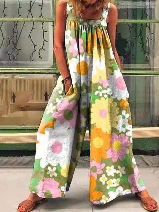 Women's Jumpsuits Vintage Print Loose Suspenders Wide-Leg Jumpsuit - Jumpsuits & Rompers - INS | Online Fashion Free Shipping Clothing, Dresses, Tops, Shoes - 11/08/2021 - 20-30 - Bottom