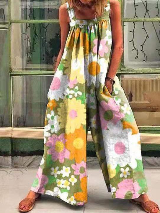 Women's Jumpsuits Vintage Print Loose Suspenders Wide-Leg Jumpsuit - Jumpsuits & Rompers - INS | Online Fashion Free Shipping Clothing, Dresses, Tops, Shoes - 11/08/2021 - 20-30 - Bottom