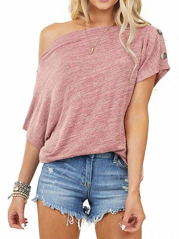 Women's Loose-fitting Off-shoulder Button Short-sleeved T-shirt - T-shirts - INS | Online Fashion Free Shipping Clothing, Dresses, Tops, Shoes - 12/05/2021 - 120521 - Color_Pink
