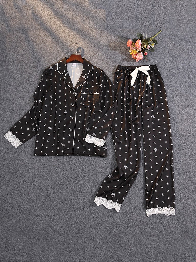 Women's Pajamas Acetate Silk Lace Printed Long Sleeve Trousers Homewear - Pajamas - Instastyled | Online Fashion Free Shipping Clothing, Dresses, Tops, Shoes - 17/12/2021 - Bottoms - color-black