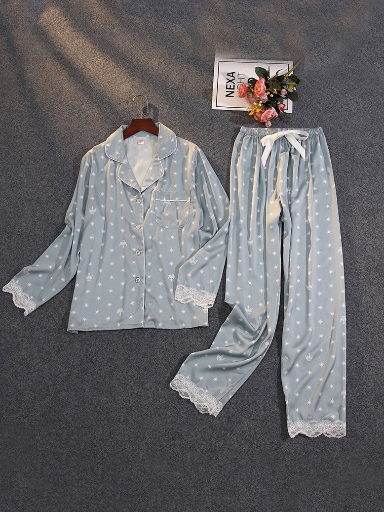 Women's Pajamas Acetate Silk Lace Printed Long Sleeve Trousers Homewear - Pajamas - Instastyled | Online Fashion Free Shipping Clothing, Dresses, Tops, Shoes - 17/12/2021 - Bottoms - color-black