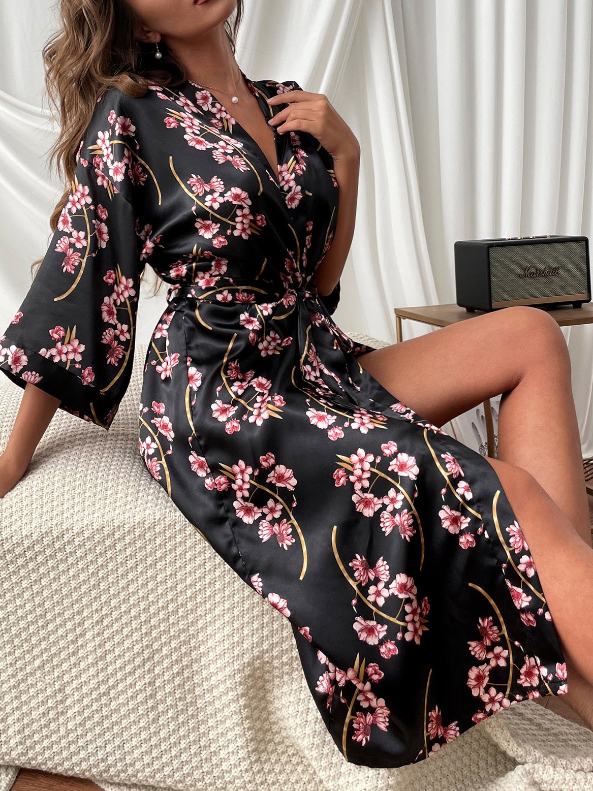 Women's Pajamas Comfortable Acetate Silk Printed Belted Night Gown - Pajamas - Instastyled | Online Fashion Free Shipping Clothing, Dresses, Tops, Shoes - 17/12/2021 - Bottoms - color-black