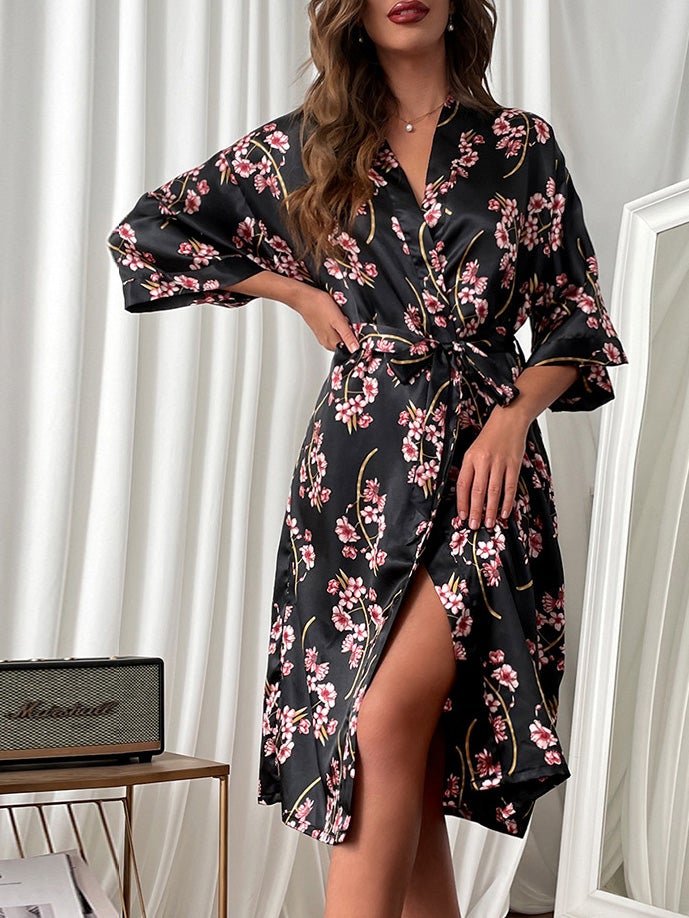 Women's Pajamas Comfortable Acetate Silk Printed Belted Night Gown - Pajamas - Instastyled | Online Fashion Free Shipping Clothing, Dresses, Tops, Shoes - 17/12/2021 - Bottoms - color-black