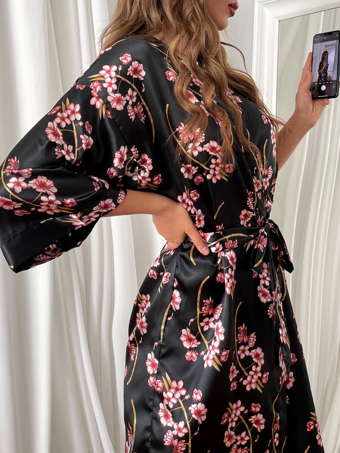 Women's Pajamas Comfortable Acetate Silk Printed Belted Night Gown - Pajamas - Instastyled | Online Fashion Free Shipping Clothing, Dresses, Tops, Shoes - 17/12/2021 - Bottoms - color-black
