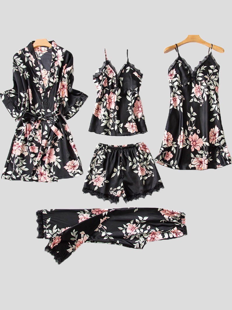 Women's Pajamas Comfortable Lace Five-Piece Homewear Nightgown Pajamas - Pajamas - Instastyled | Online Fashion Free Shipping Clothing, Dresses, Tops, Shoes - 17/12/2021 - Bottoms - color-black