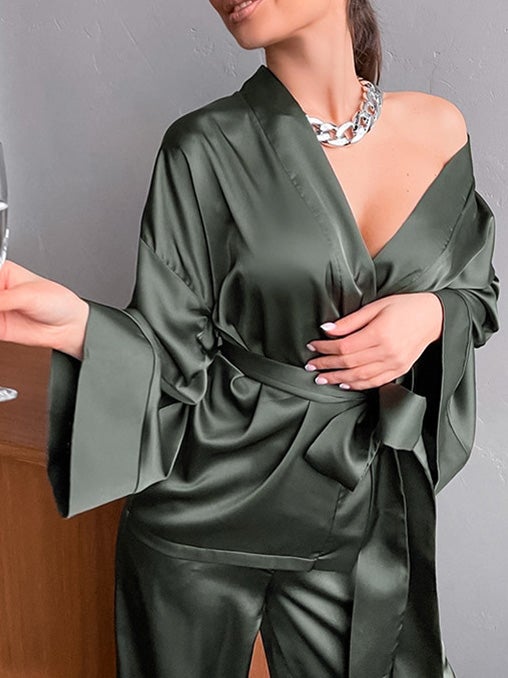 Women's Pajamas Long Sleeve Cardigan Belted Simple Home Pajamas - Pajamas - Instastyled | Online Fashion Free Shipping Clothing, Dresses, Tops, Shoes - 17/12/2021 - Bottoms - color-black