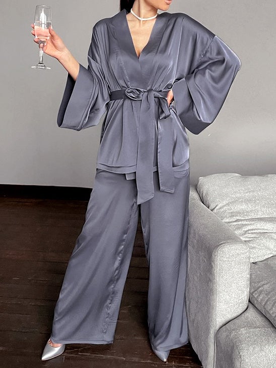 Women's Pajamas Long Sleeve Cardigan Belted Simple Home Pajamas - Pajamas - Instastyled | Online Fashion Free Shipping Clothing, Dresses, Tops, Shoes - 17/12/2021 - Bottoms - color-black