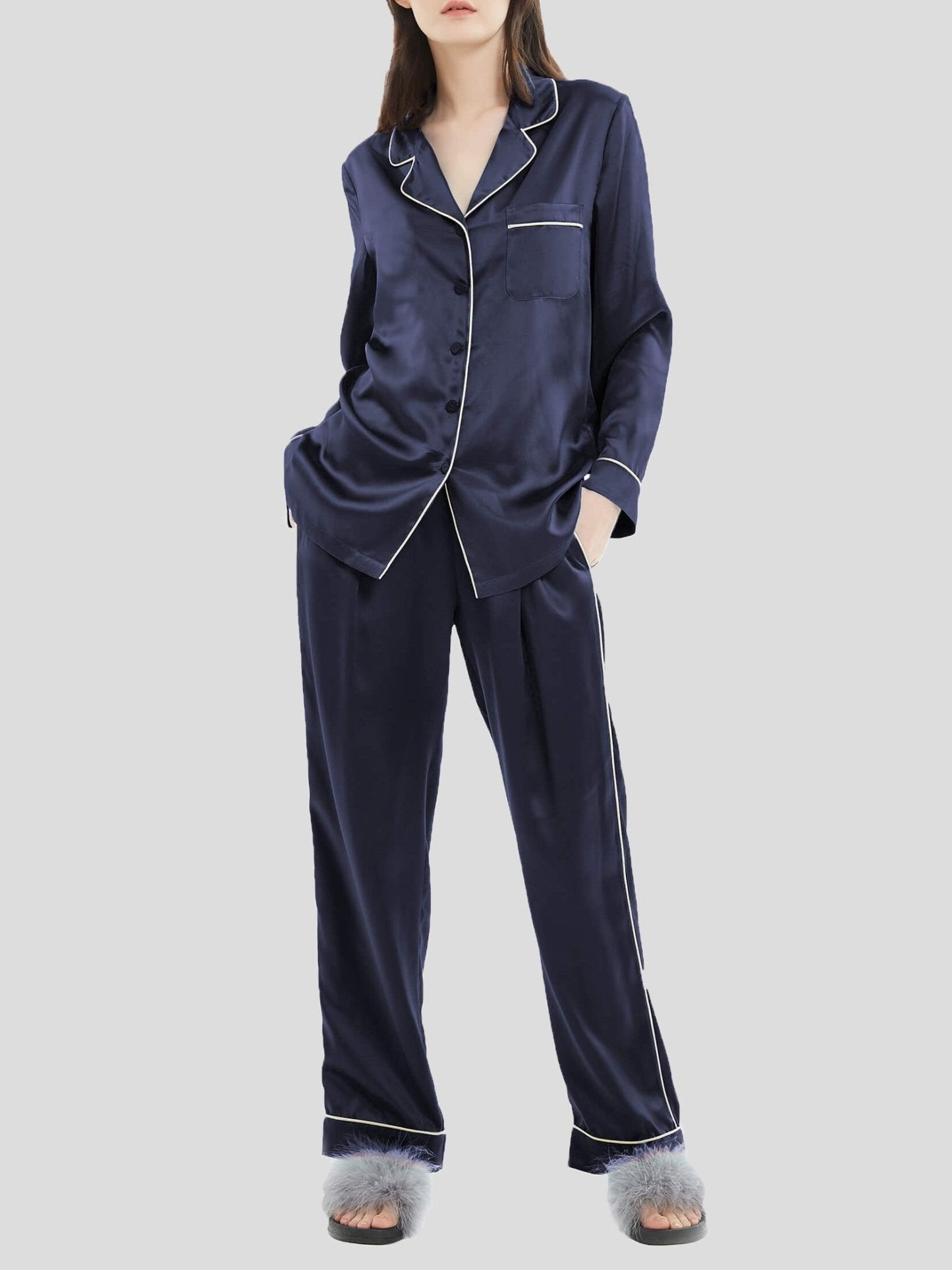 Women's Pajamas Two-Piece Acetate Silk Pajamas Set - Pajamas - Instastyled | Online Fashion Free Shipping Clothing, Dresses, Tops, Shoes - 18/12/2021 - Bottoms - Color_Blue