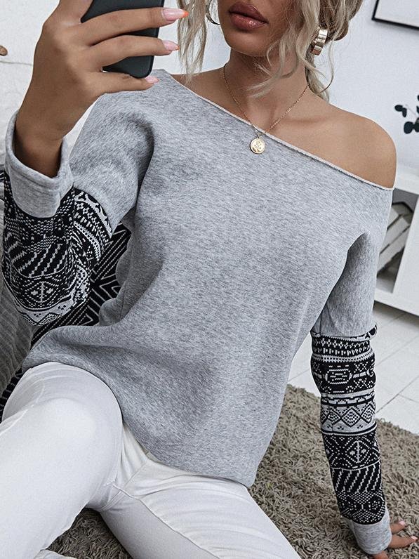 Women's Pullover Long Sleeve Off-shoulder Print T-shirts - T-shirts - INS | Online Fashion Free Shipping Clothing, Dresses, Tops, Shoes - 10-20 - 22/07/2021 - color-gray