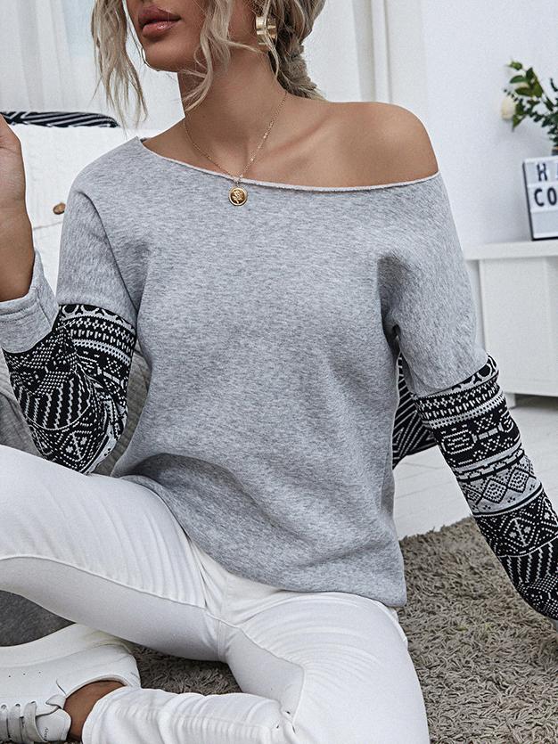 Women's Pullover Long Sleeve Off-shoulder Print T-shirts - T-shirts - INS | Online Fashion Free Shipping Clothing, Dresses, Tops, Shoes - 10-20 - 22/07/2021 - color-gray