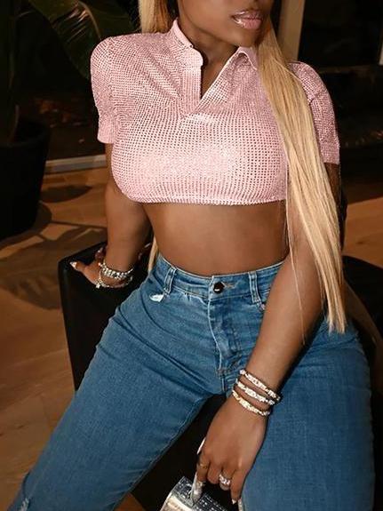 Women's Sequined Top Lapel Solid Color Short T-shirt - T-Shirts - INS | Online Fashion Free Shipping Clothing, Dresses, Tops, Shoes - 18/03/2021 - Black - Color_Black