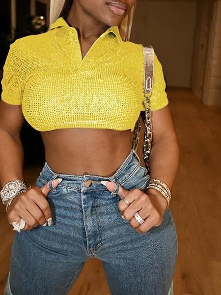 Women's Sequined Top Lapel Solid Color Short T-shirt - T-Shirts - INS | Online Fashion Free Shipping Clothing, Dresses, Tops, Shoes - 18/03/2021 - Black - Color_Black