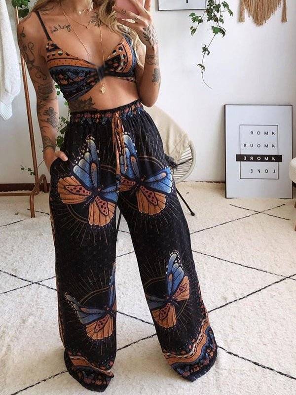 Women's Sets Butterfly Print Tube Top & Wide Leg Pants Two-Piece Set - Sets - Instastyled | Online Fashion Free Shipping Clothing, Dresses, Tops, Shoes - 17/02/2022 - 30-40 - Bottoms