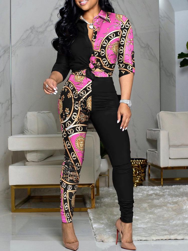 Women's Sets Colorblock Printed Long Sleeve Shirt & Pants Two-Piece Suit - Sets - INS | Online Fashion Free Shipping Clothing, Dresses, Tops, Shoes - 24/09/2021 - 40-50 - Bottom