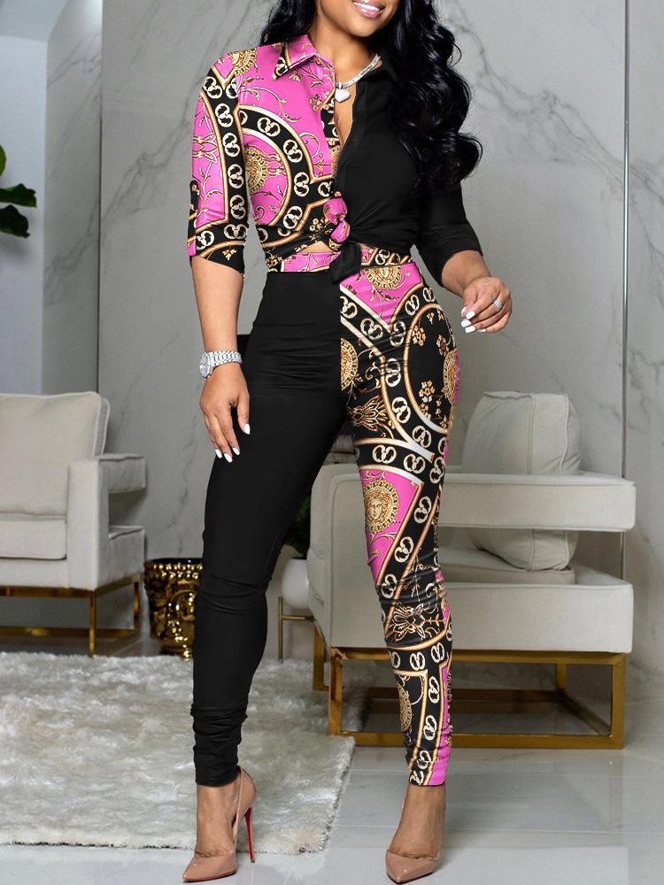 Women's Sets Colorblock Printed Long Sleeve Shirt & Pants Two-Piece Suit - Sets - INS | Online Fashion Free Shipping Clothing, Dresses, Tops, Shoes - 24/09/2021 - 40-50 - Bottom