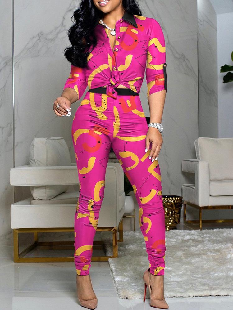 Women's Sets Colorblock Printed Long Sleeve Shirt & Pants Two-Piece Suit - Sets - INS | Online Fashion Free Shipping Clothing, Dresses, Tops, Shoes - 24/09/2021 - 40-50 - Bottom