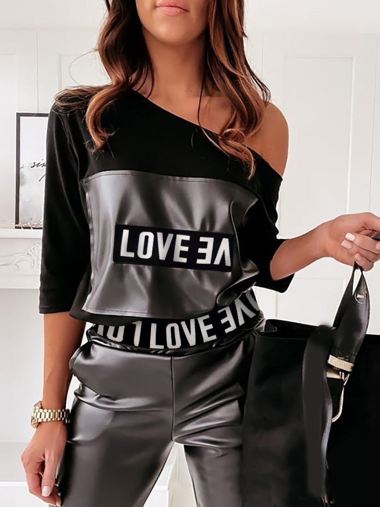 Women's Sets Lettering Long Sleeve Leather Pants Two Piece Set - Sets - Instastyled | Online Fashion Free Shipping Clothing, Dresses, Tops, Shoes - 22/01/2022 - Bottoms - color-black