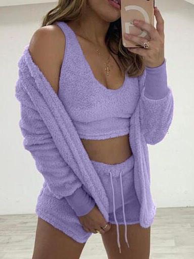 Women's Sets Plush Coat Vest Shorts Long Sleeve Three-Piece Suit - Sets - INS | Online Fashion Free Shipping Clothing, Dresses, Tops, Shoes - 12/11/2021 - 30-40 - Bottoms