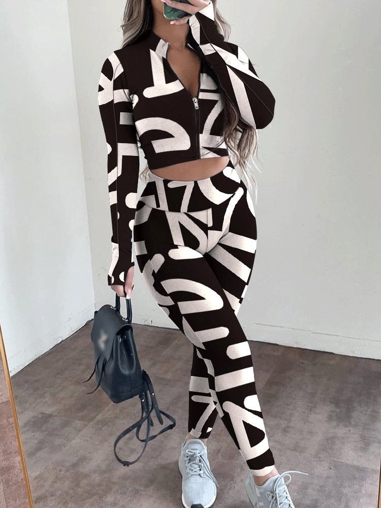 Women's Sets Printed Stand Collar Zipper Crop Top & High Waist Trousers Two-Piece Suit - Sets - INS | Online Fashion Free Shipping Clothing, Dresses, Tops, Shoes - 29/10/2021 - 40-50 - Bottoms