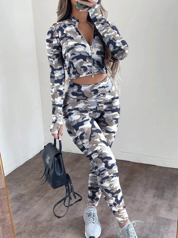 Women's Sets Printed Stand Collar Zipper Crop Top & High Waist Trousers Two-Piece Suit - Sets - INS | Online Fashion Free Shipping Clothing, Dresses, Tops, Shoes - 29/10/2021 - 40-50 - Bottoms