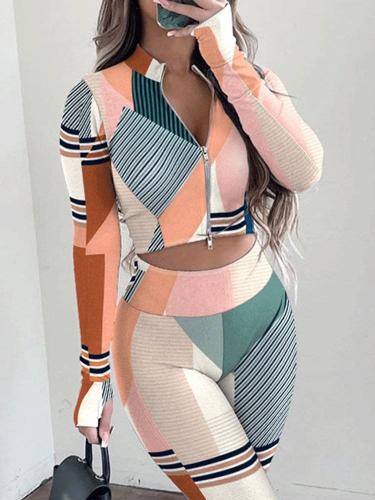 Women's Sets Printed Stand Collar Zipper Crop Top & High Waist Trousers Two-Piece Suit - Sets - INS | Online Fashion Free Shipping Clothing, Dresses, Tops, Shoes - 29/10/2021 - 40-50 - Bottoms